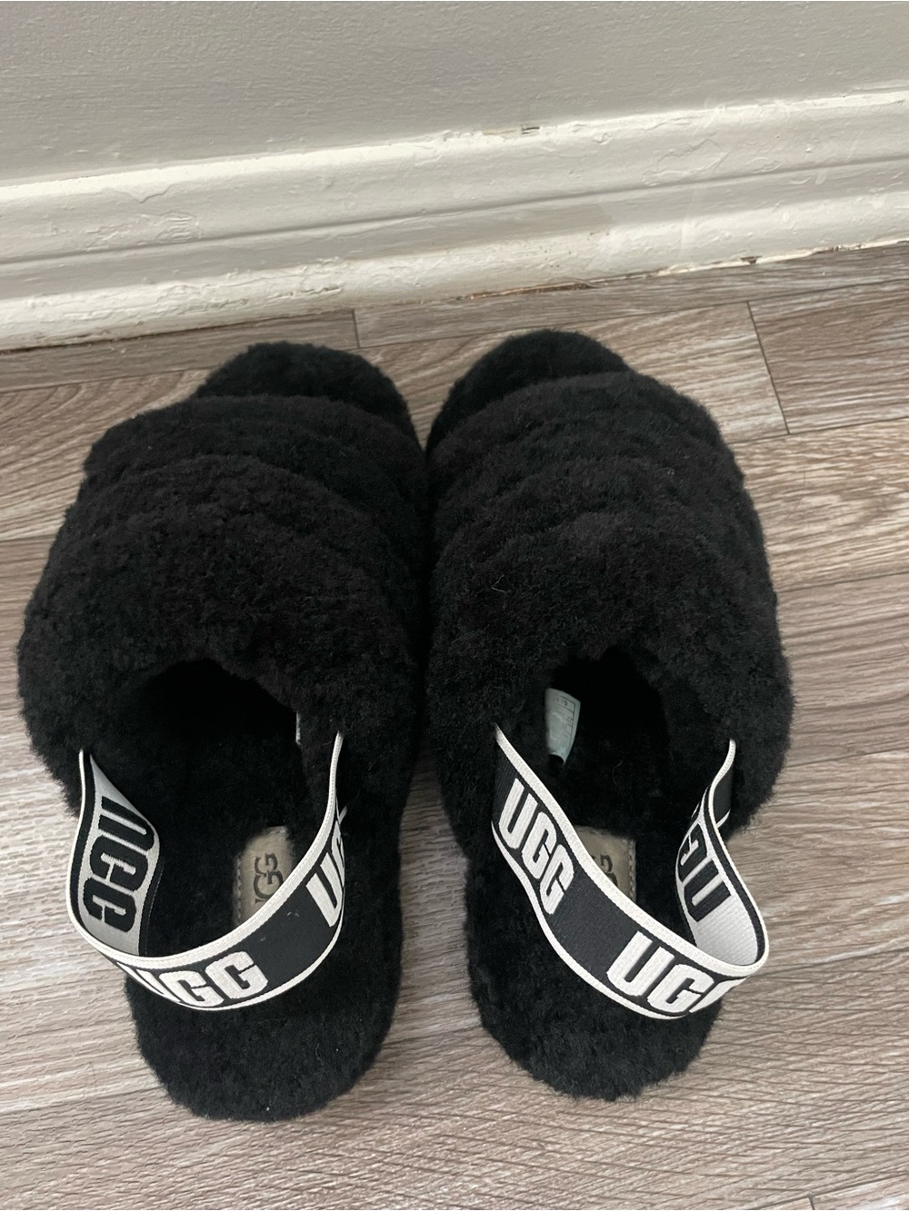 UGG Black Plush Slide with Logo Strap - Picture 2 of 3
